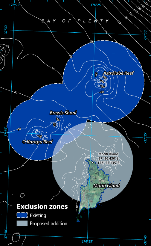 Map showing the proposed Motiti Island Exclusion zone
