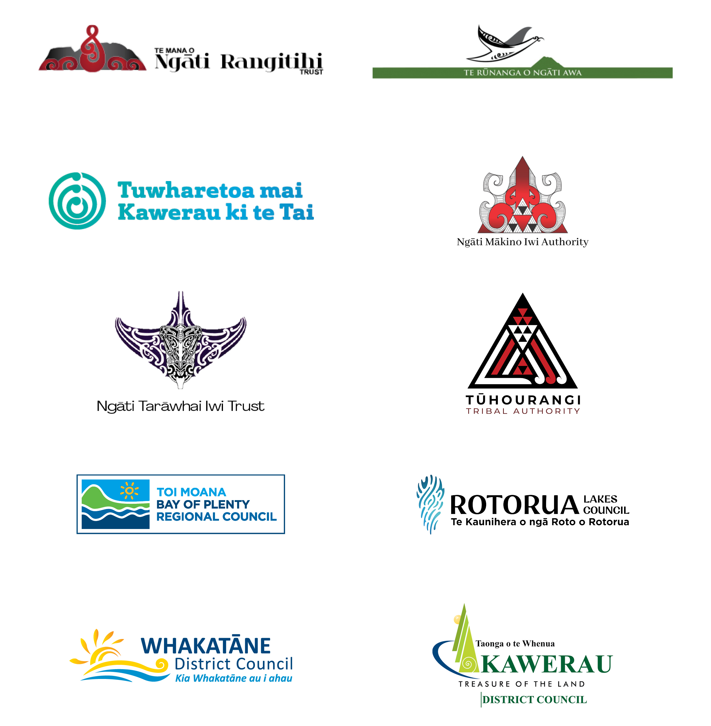 Logos for the Iwi and councils supporting the Tarawera Awa Restoration Strategy Group